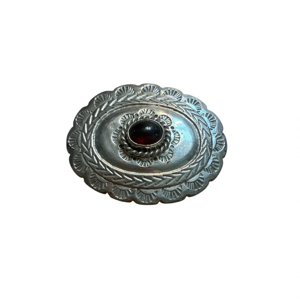 Taxco Sterling Silver Oval Brooch with Red Cabochon Center